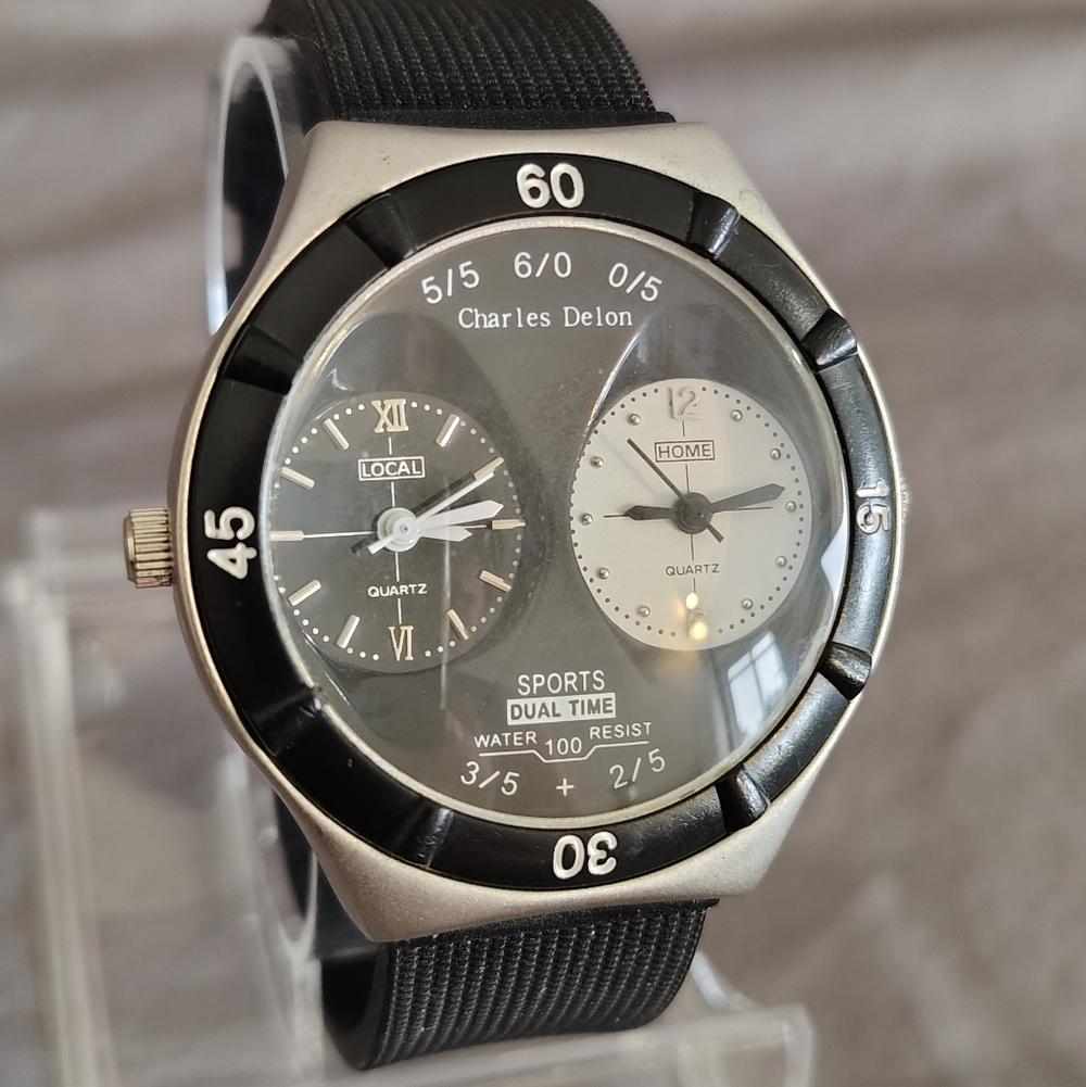 Charles Delon Dual Time Watch (Local/Home) Silicone Band - Runs, New Battery